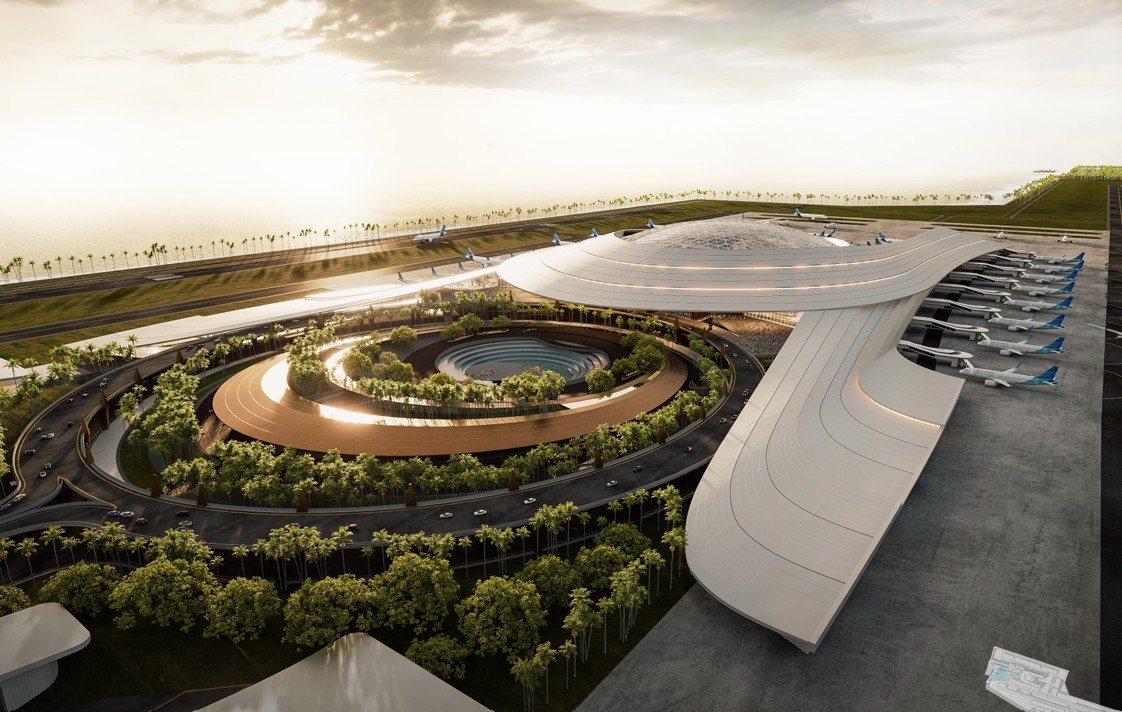 3D render of North Bali International Airport, built on the sea