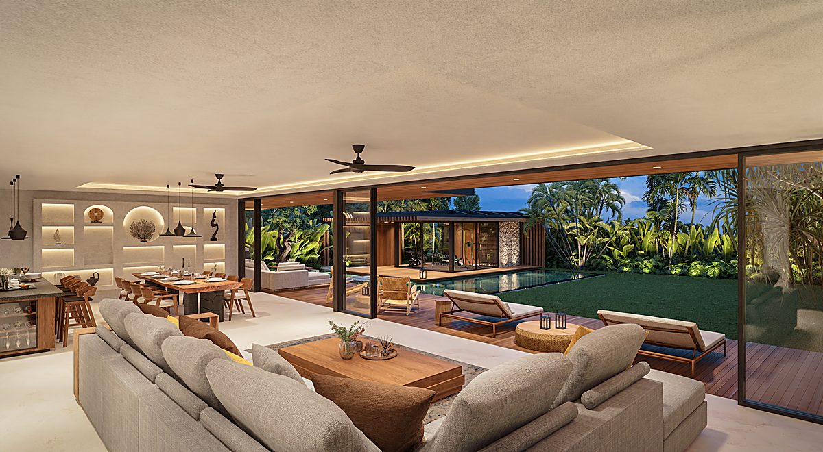 Villa Solaris exterior at twilight, rendering