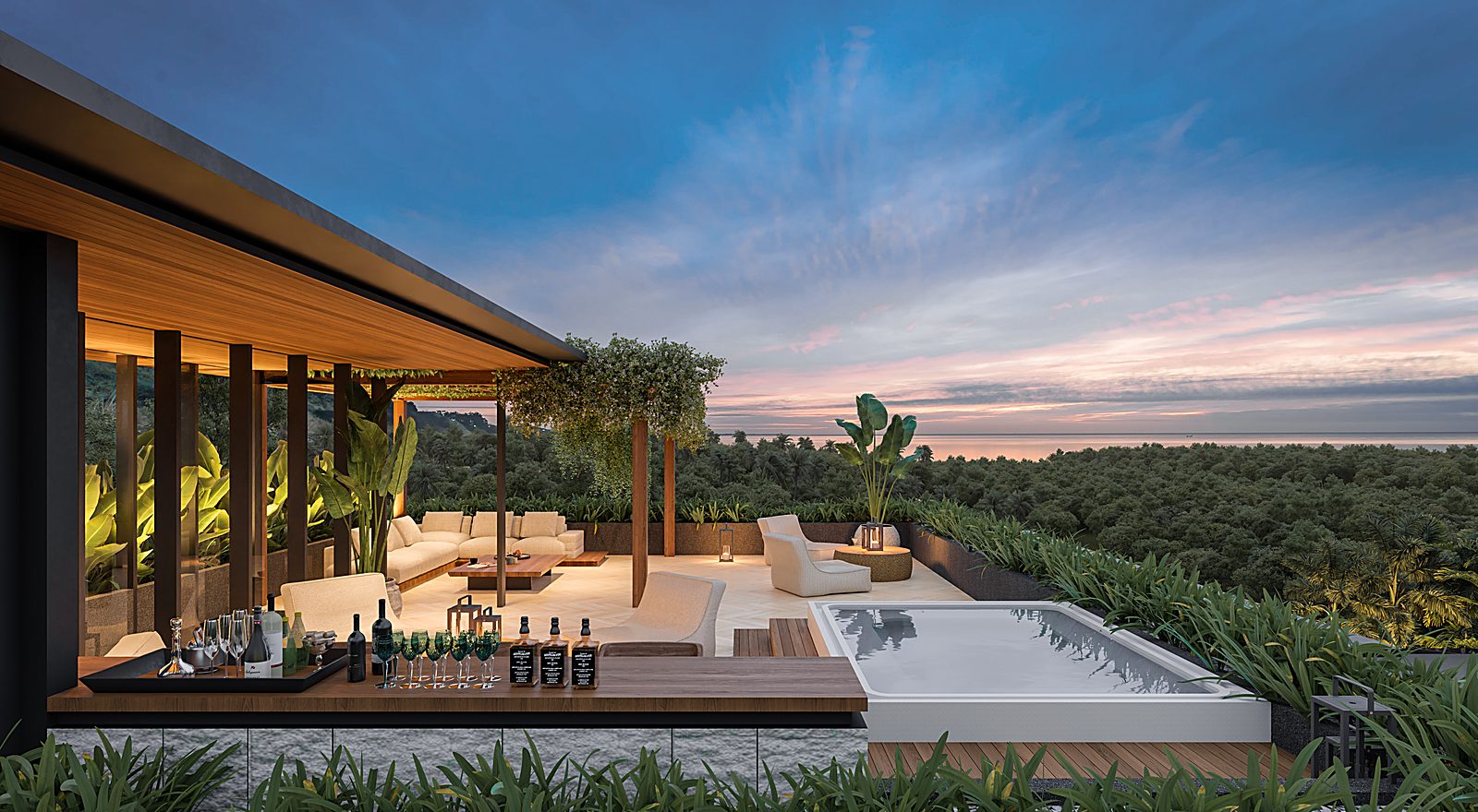 Villa Solaris four-bedroom ocean-view villa, rendering at dusk