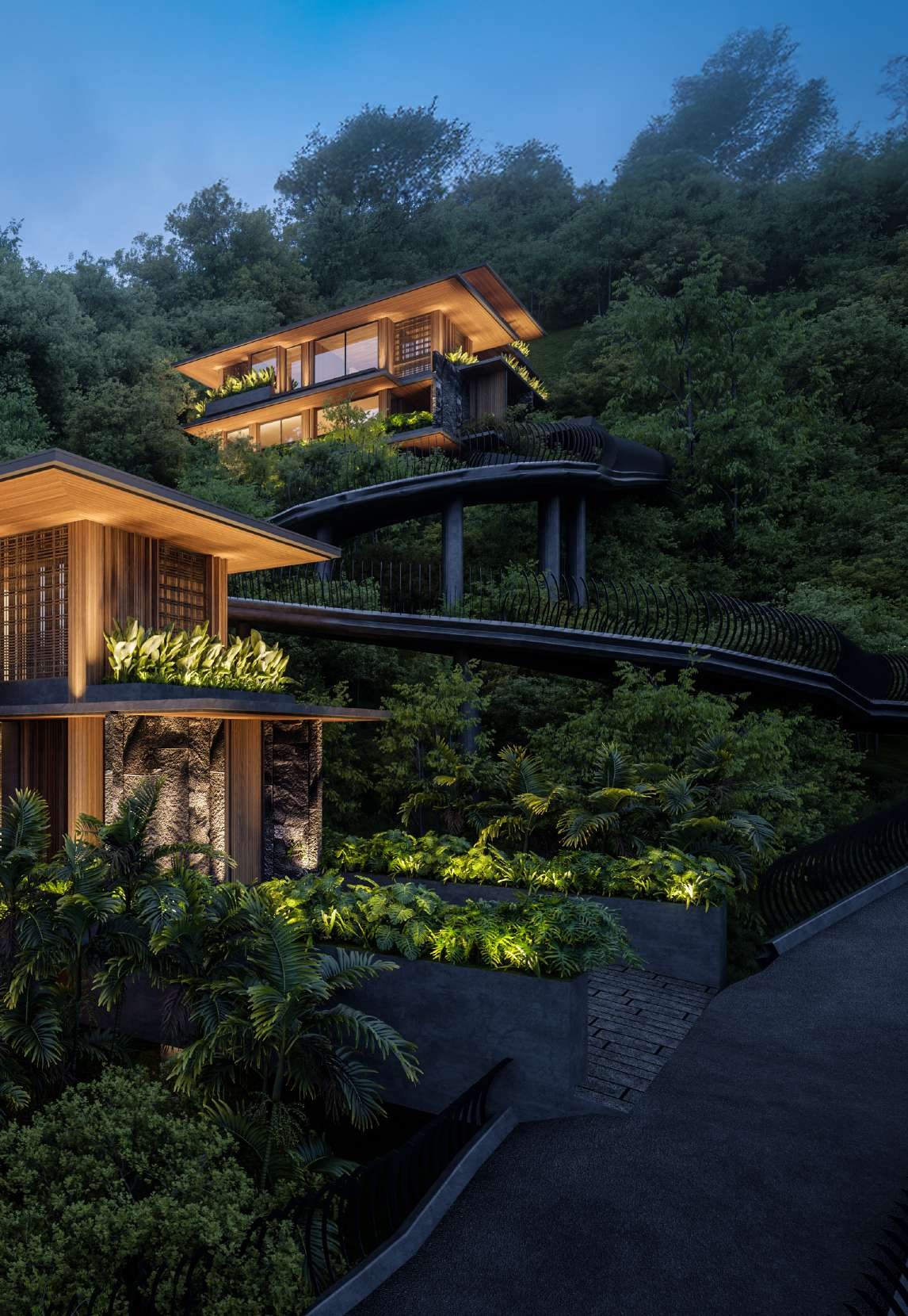 The Heights Munduk, villas lit at dusk with the suspended jungle road curving through the estate