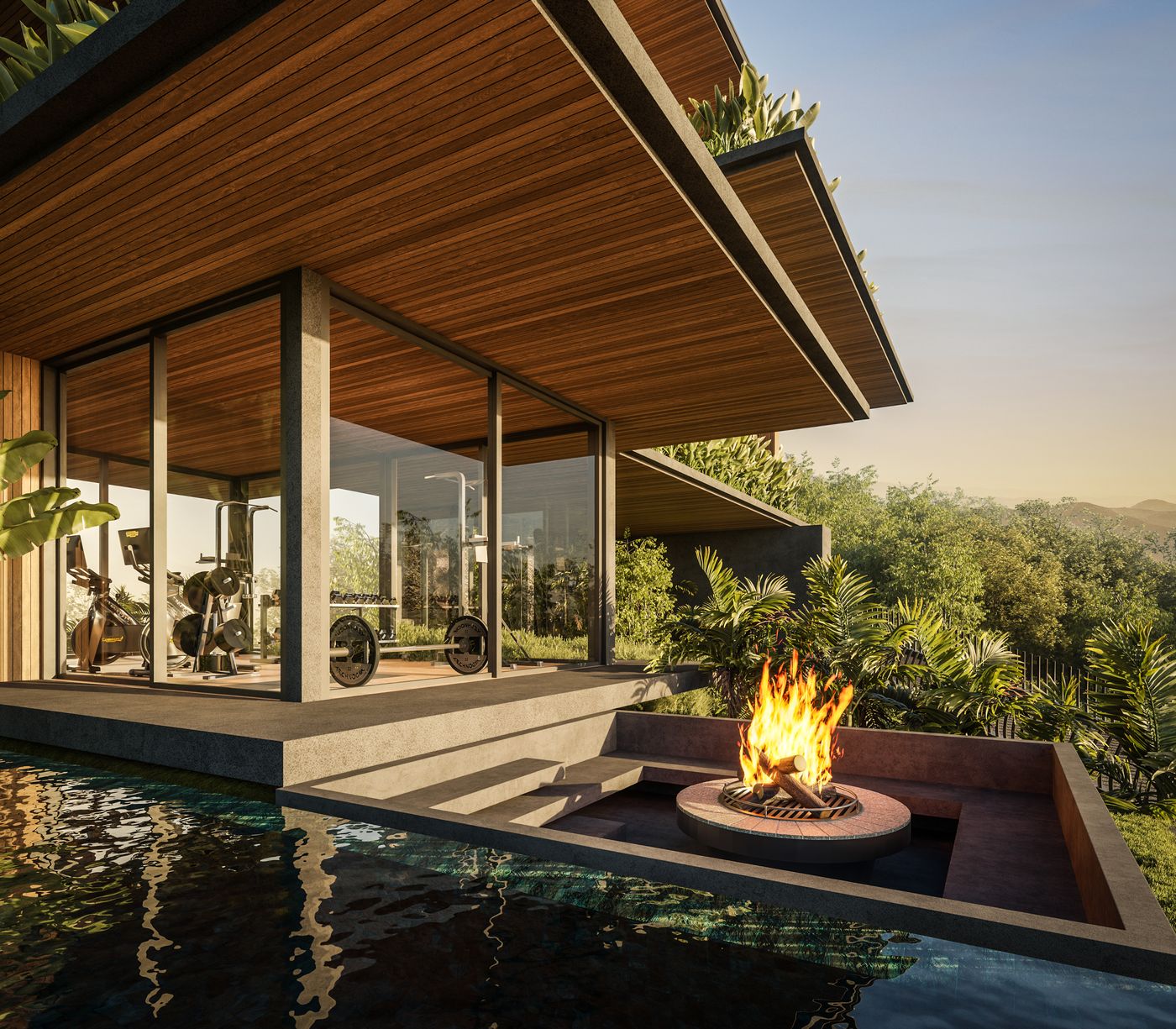 The Heights Munduk Signature four-bedroom villa with pool and fire bowl at golden hour