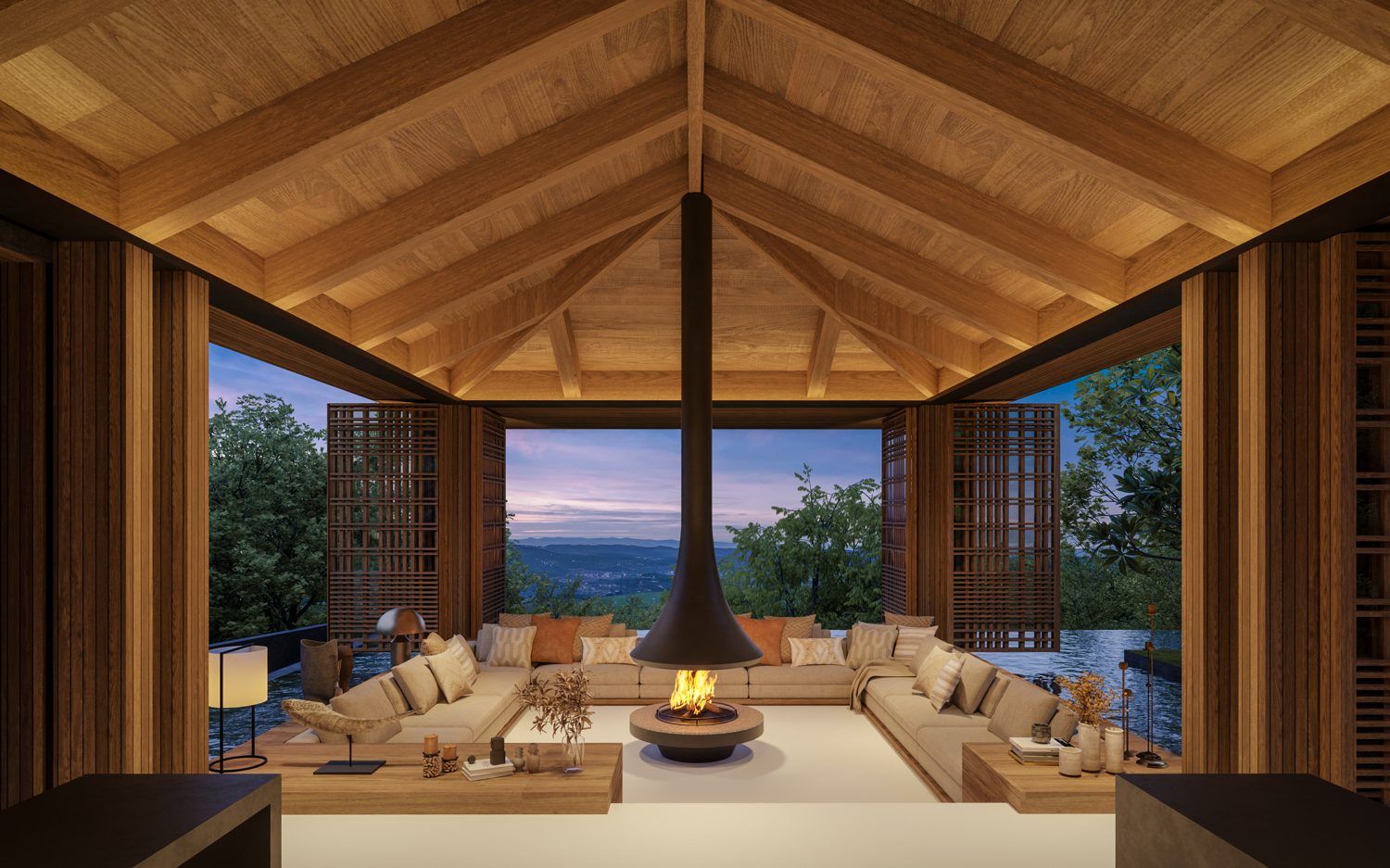 Lobby lounge with fireplace and seating, opening to the valley