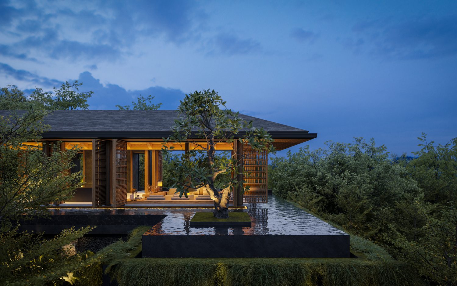 Lobby and restaurant pavilion at dusk, over the water